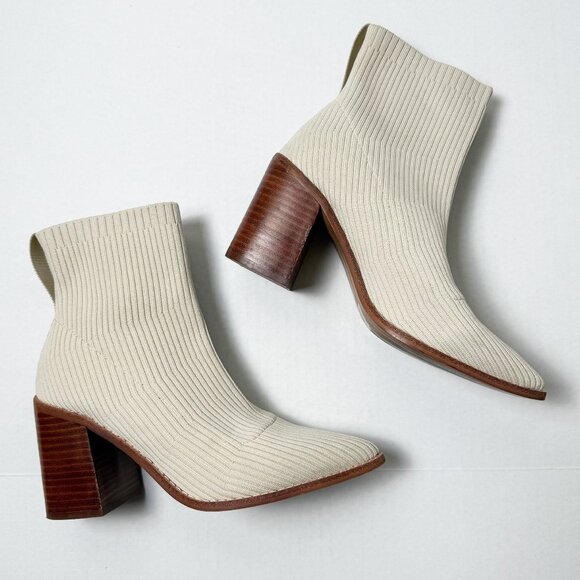 Steven New York Rib Knit Neta Stacked Heel Sock Cream Booties Size 8 - Picture 1 of 9